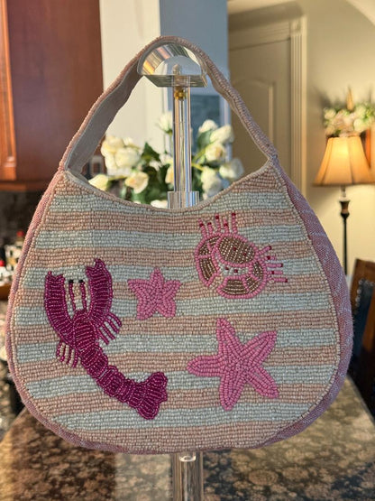 Trending Beaded Bags and Resort Collection - Pink & White Striped Starfish Crab Small Tote
