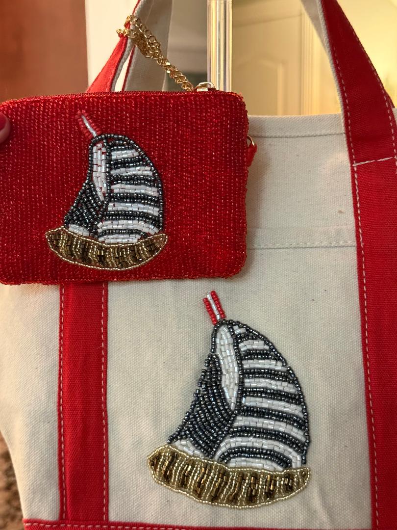 Trending Beaded Bags and Resort Collection - Sailboat Beaded Canvas Tote with Matching Bag Charm