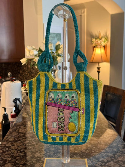 Trending Beaded Bags and Resort Collection - Sardine Striped Yellow and Turquoise