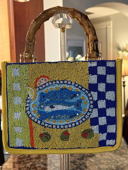 Trending Beaded Bags and Resort Collection - America & Beyond Mediterranean Sardine Hand-Beaded Mini Tote