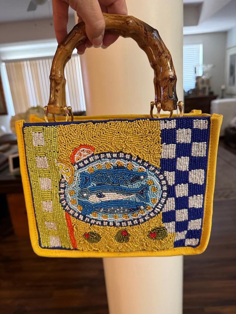 Trending Beaded Bags and Resort Collection - America & Beyond Mediterranean Sardine Hand-Beaded Mini Tote