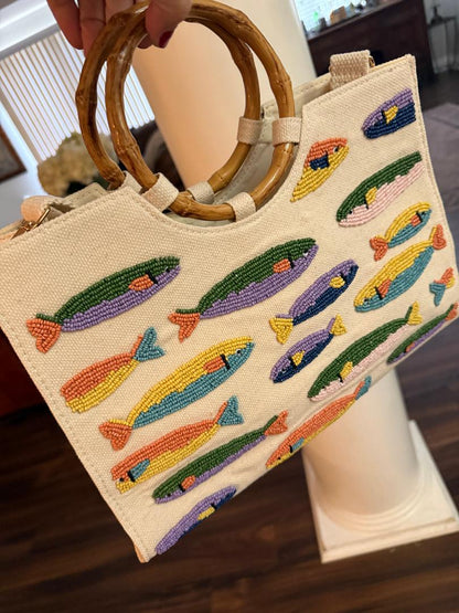 Trending Beaded Bags and Resort Collection - Sardine Tote with Bamboo Handle