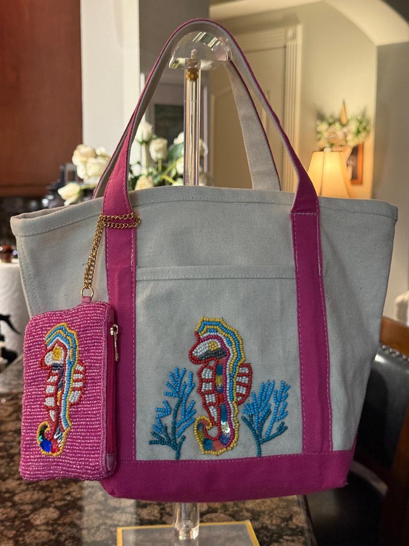 Trending Beaded Bags and Resort Collection - Seahorse Beaded Canvas Tote with Matching Bag Charm