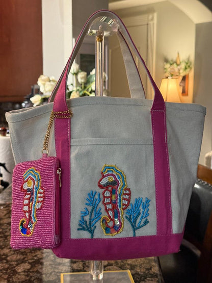 Trending Beaded Bags and Resort Collection - Seahorse Beaded Canvas Tote with Matching Bag Charm