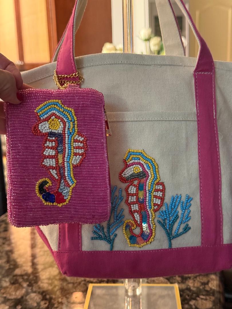 Trending Beaded Bags and Resort Collection - Seahorse Beaded Canvas Tote with Matching Bag Charm