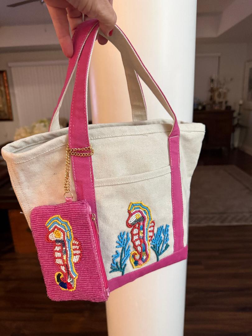 Trending Beaded Bags and Resort Collection - Seahorse Beaded Canvas Tote with Matching Bag Charm