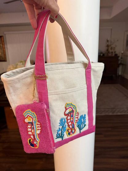Trending Beaded Bags and Resort Collection - Seahorse Beaded Canvas Tote with Matching Bag Charm