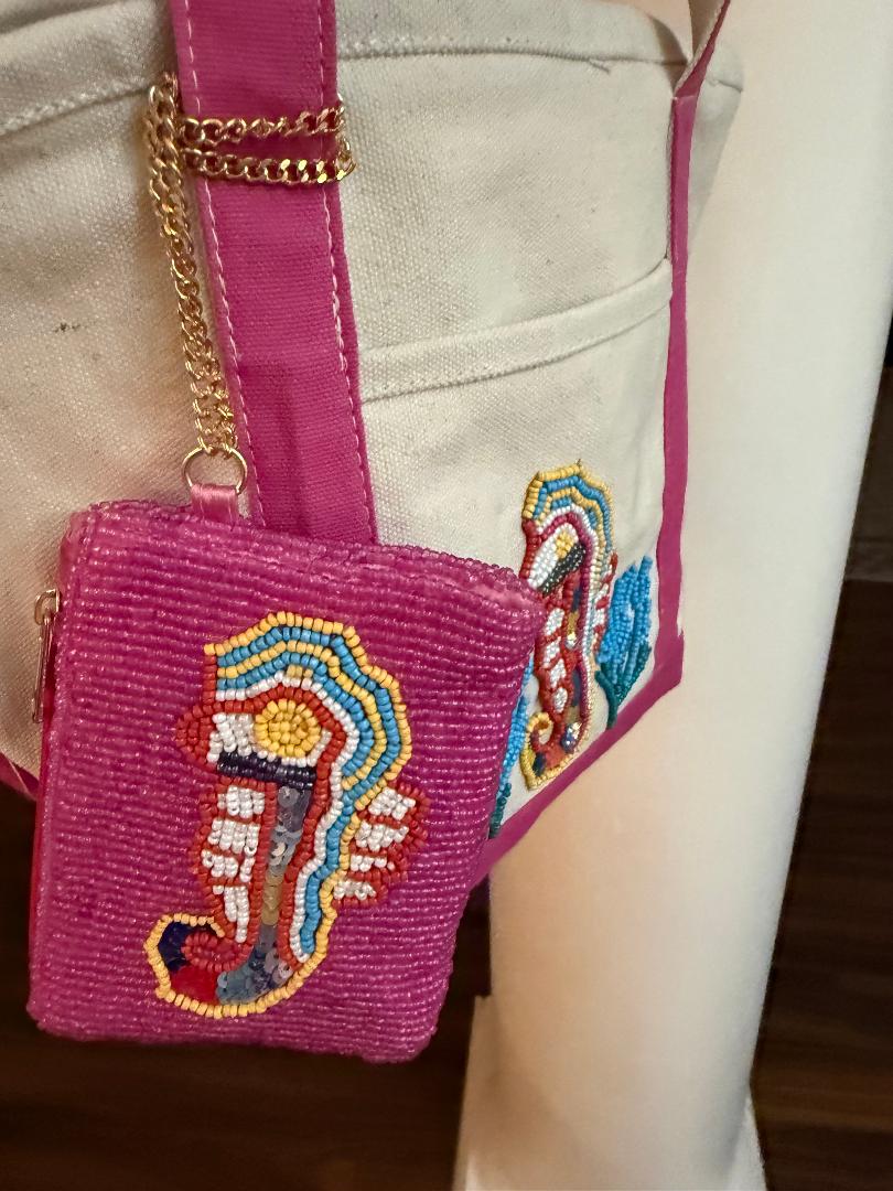 Trending Beaded Bags and Resort Collection - Seahorse Beaded Canvas Tote with Matching Bag Charm