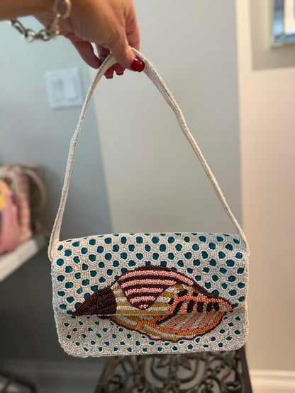 Trending Beaded Bags and Resort Collection - Seashell with Blue Polka Dots