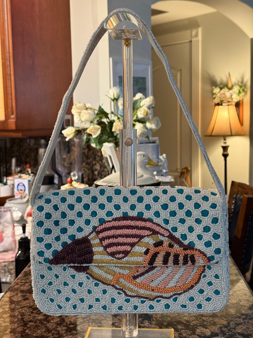 Trending Beaded Bags and Resort Collection - Seashell with Blue Polka Dots