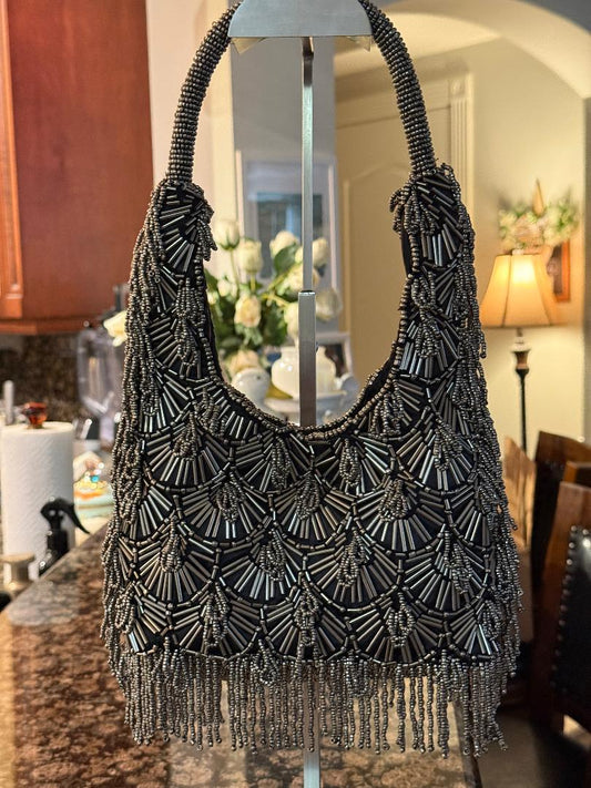 Trending Beaded Bags and Resort Collection - Silver Beaded Fringe Top Handle Bag