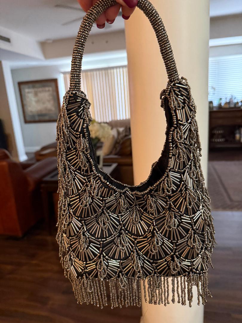 Trending Beaded Bags and Resort Collection - Silver Beaded Fringe Top Handle Bag