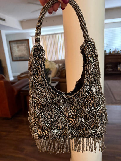 Trending Beaded Bags and Resort Collection - Silver Beaded Fringe Top Handle Bag