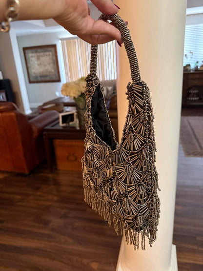Trending Beaded Bags and Resort Collection - Silver Beaded Fringe Top Handle Bag