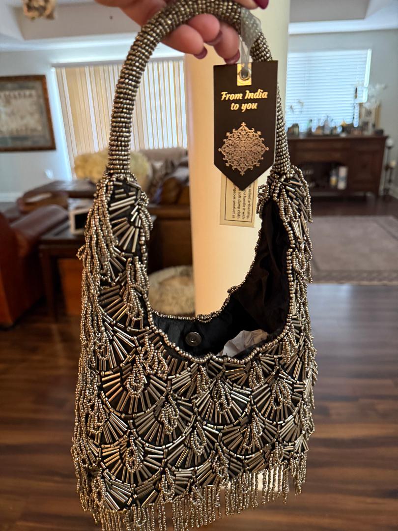 Trending Beaded Bags and Resort Collection - Silver Beaded Fringe Top Handle Bag