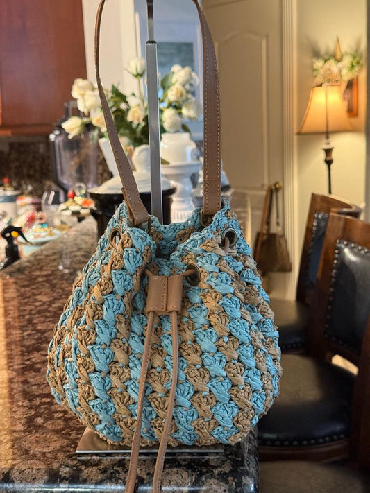 Trending Beaded Bags and Resort Collection - Sol Mer Brown/Blue Wicker Crossbody