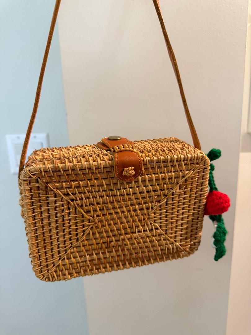 Trending Beaded Bags and Resort Collection - Wicker Crossbody with Cherry Bag Charm