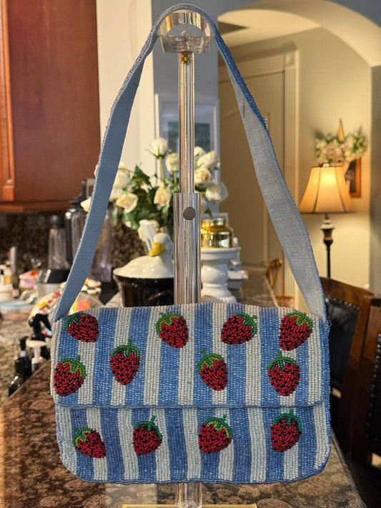 Trending Beaded Bags and Resort Collection - Strawberry Blue Striped Shoulder Beaded Bag