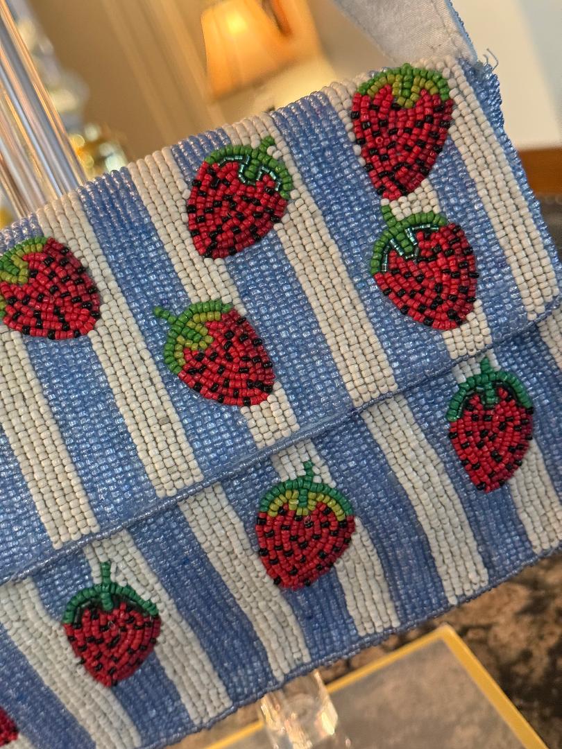 Trending Beaded Bags and Resort Collection - Strawberry Blue Striped Shoulder Beaded Bag