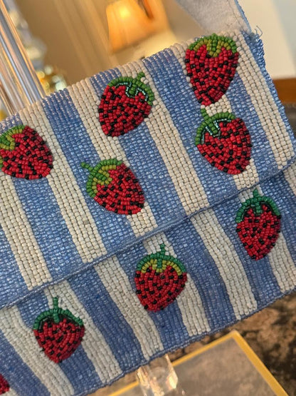 Trending Beaded Bags and Resort Collection - Strawberry Blue Striped Shoulder Beaded Bag