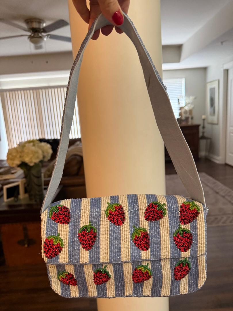 Trending Beaded Bags and Resort Collection - Strawberry Blue Striped Shoulder Beaded Bag