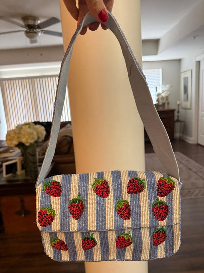 Trending Beaded Bags and Resort Collection - Strawberry Blue Striped Shoulder Beaded Bag