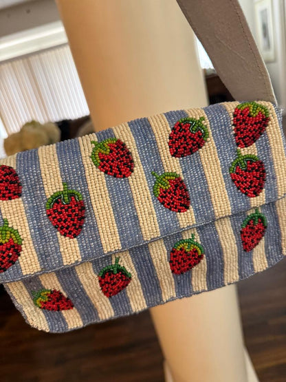 Trending Beaded Bags and Resort Collection - Strawberry Blue Striped Shoulder Beaded Bag
