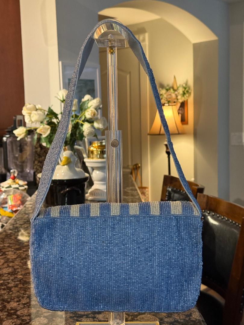 Trending Beaded Bags and Resort Collection - Strawberry Blue Striped Shoulder Beaded Bag