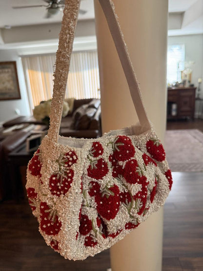 Trending Beaded Bags and Resort Collection Strawberry White Tote Bag