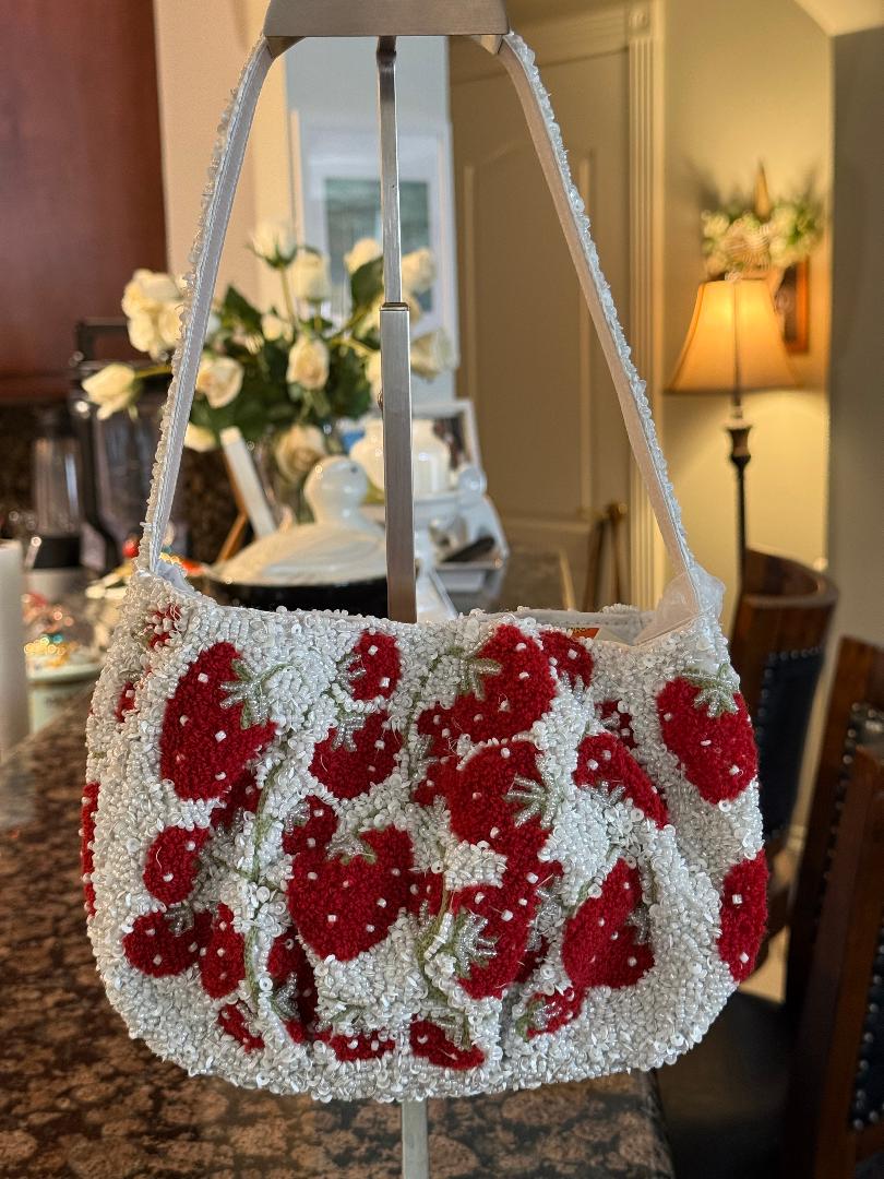 Trending Beaded Bags and Resort Collection Strawberry White Tote Bag