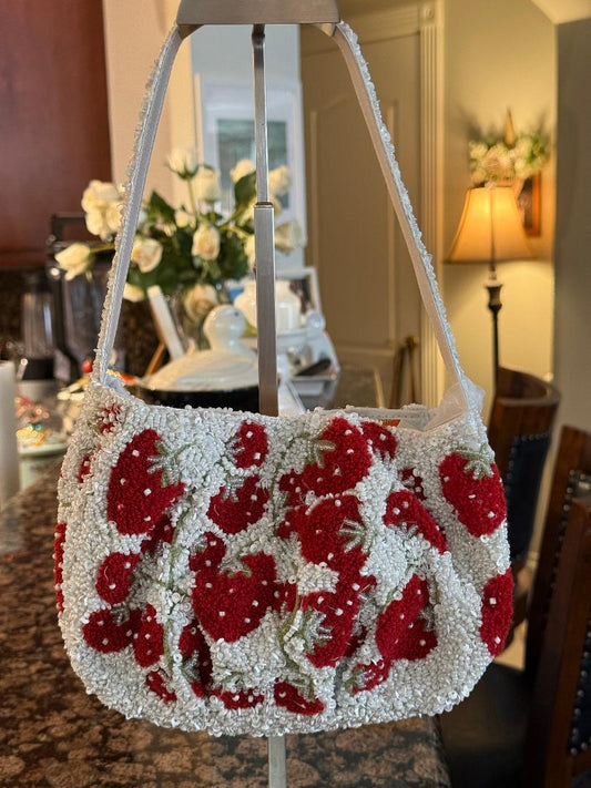 Trending Beaded Bags and Resort Collection Strawberry White Tote Bag