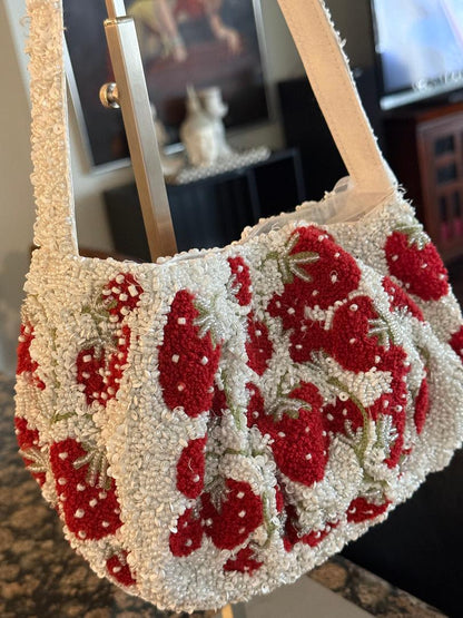 Trending Beaded Bags and Resort Collection Strawberry White Tote Bag