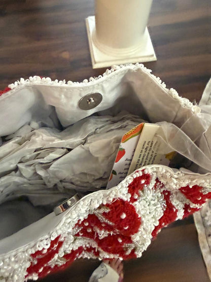 Trending Beaded Bags and Resort Collection Strawberry White Tote Bag