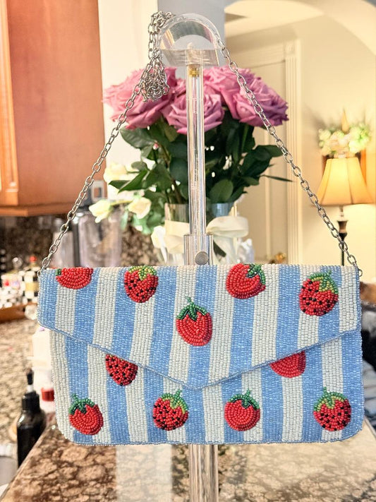 Trending Beaded Bags and Resort Collection - Strawberry Blue Striped Cross Body with Silver Chain