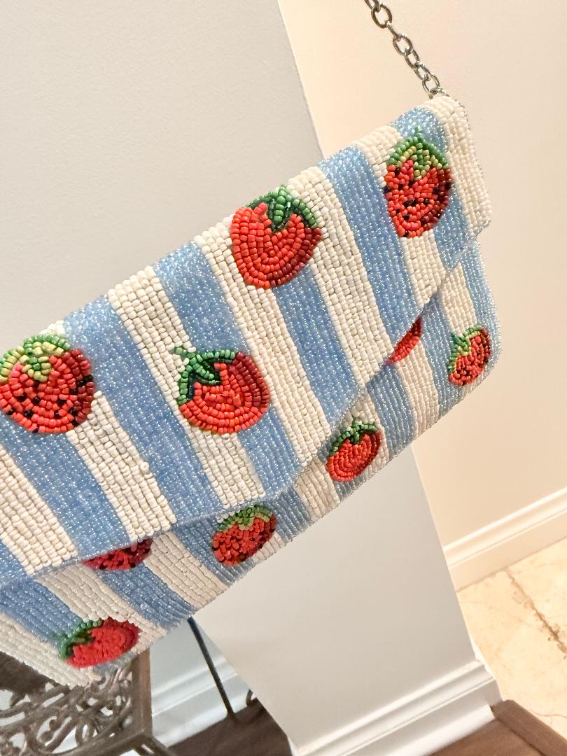 Trending Beaded Bags and Resort Collection - Strawberry Blue Striped Cross Body with Silver Chain