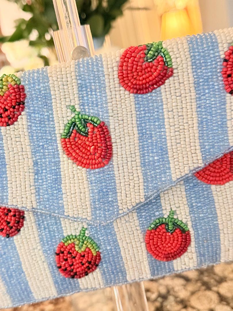 Trending Beaded Bags and Resort Collection - Strawberry Blue Striped Cross Body with Silver Chain