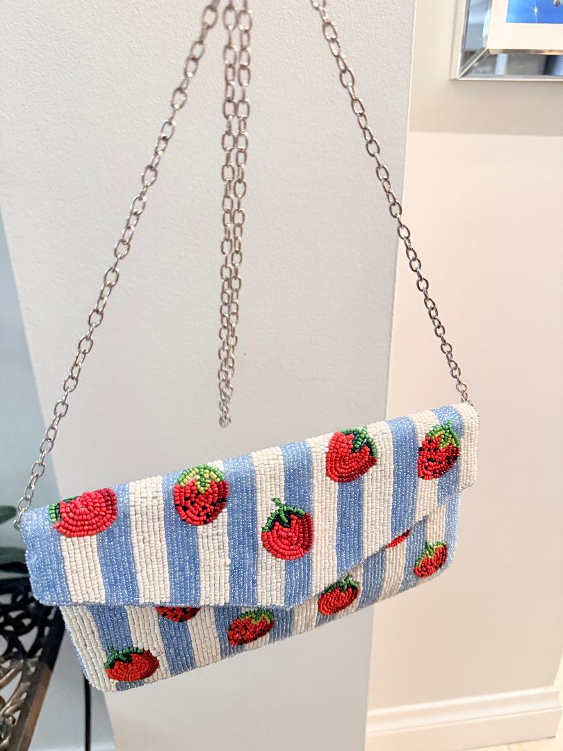 Trending Beaded Bags and Resort Collection - Strawberry Blue Striped Cross Body with Silver Chain