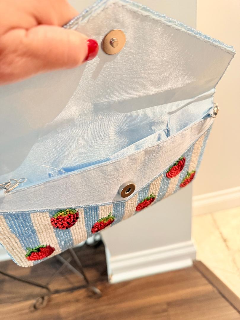 Trending Beaded Bags and Resort Collection - Strawberry Blue Striped Cross Body with Silver Chain