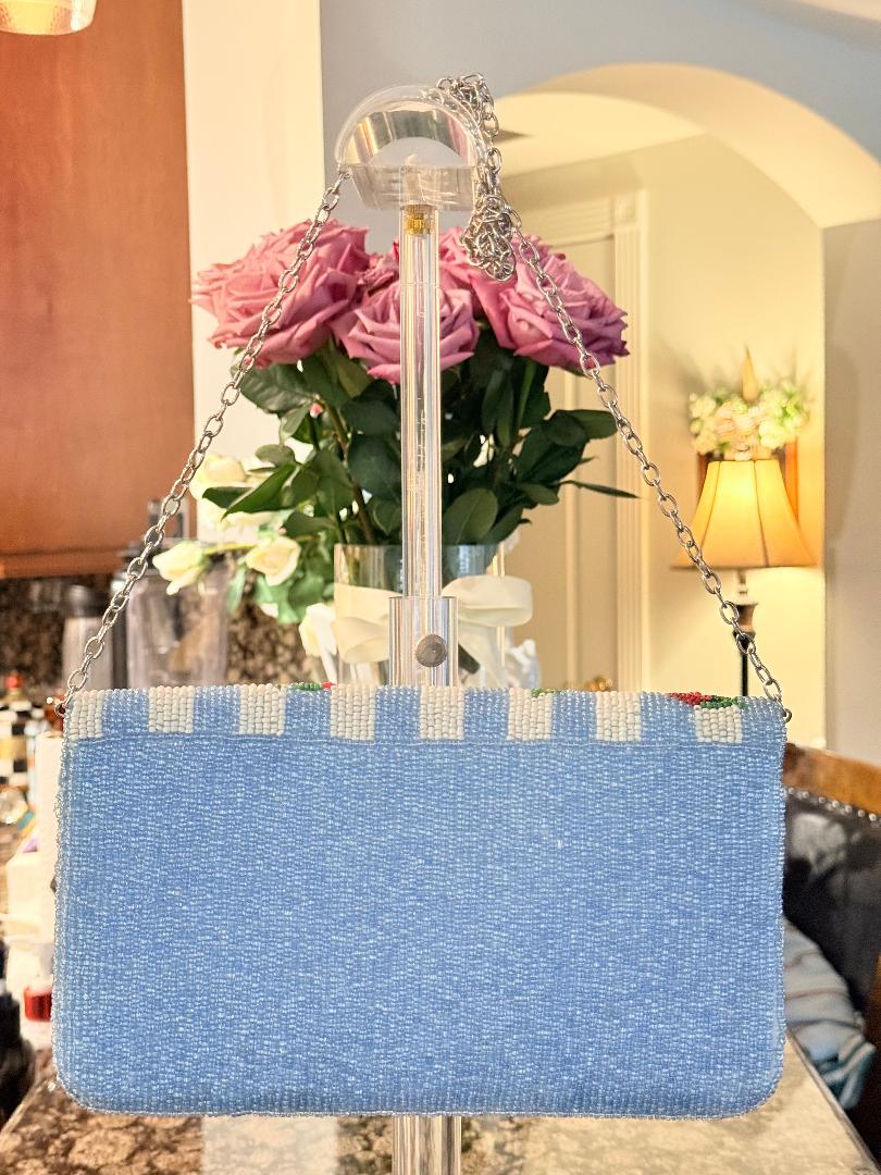 Trending Beaded Bags and Resort Collection - Strawberry Blue Striped Cross Body with Silver Chain