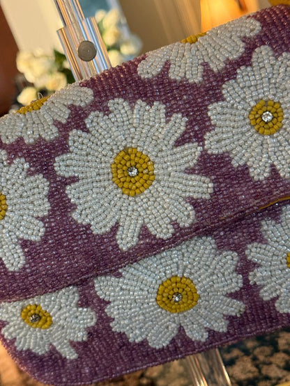 Trending Beaded Bags and Resort Collection - Pink & White Striped White Daisy Beaded Shoulder Bag