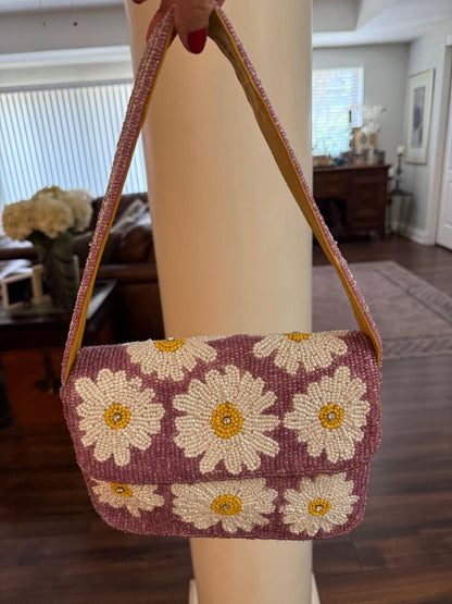 Trending Beaded Bags and Resort Collection - Pink & White Striped White Daisy Beaded Shoulder Bag