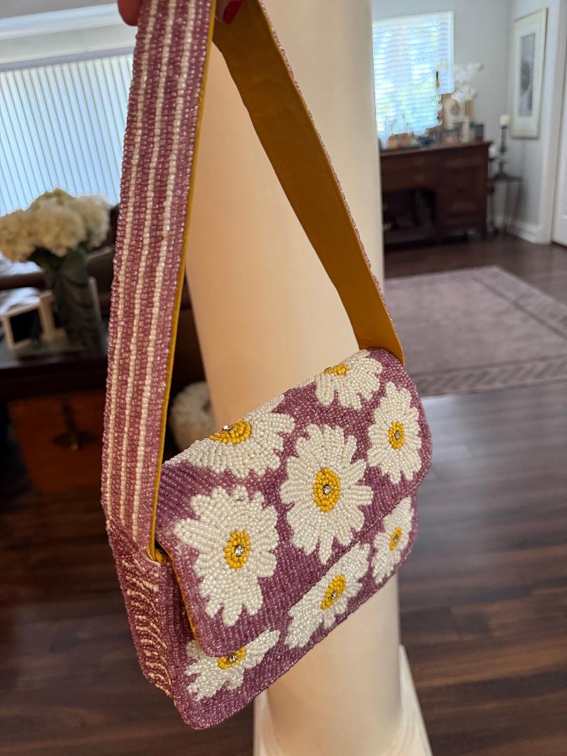 Trending Beaded Bags and Resort Collection - Pink & White Striped White Daisy Beaded Shoulder Bag