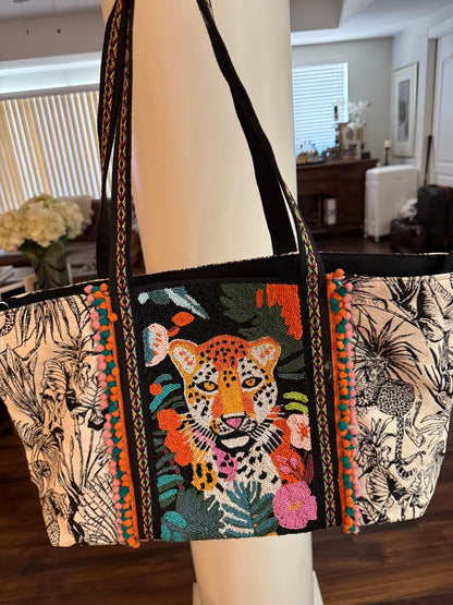 Trending Beaded Bags and Resort Collection - America & Beyond Tropical Leopard Beaded Tote
