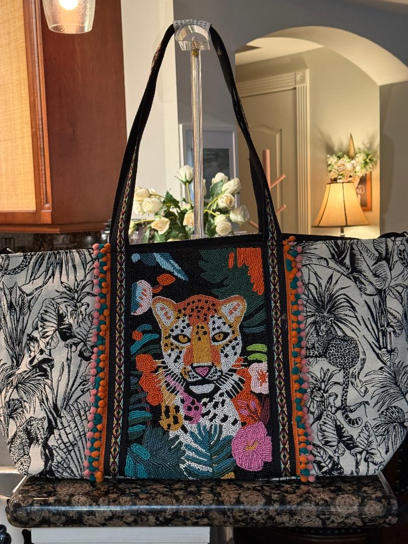 Trending Beaded Bags and Resort Collection - America & Beyond Tropical Leopard Beaded Tote
