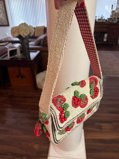 Trending Beaded Bags and Resort Collection - Tomato Red Plaid Beaded Shoulder Bag