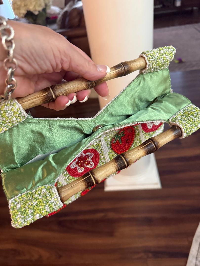 Trending Beaded Bags and Resort Collection - Beaded Tomato Tote Bag with Bamboo Handle