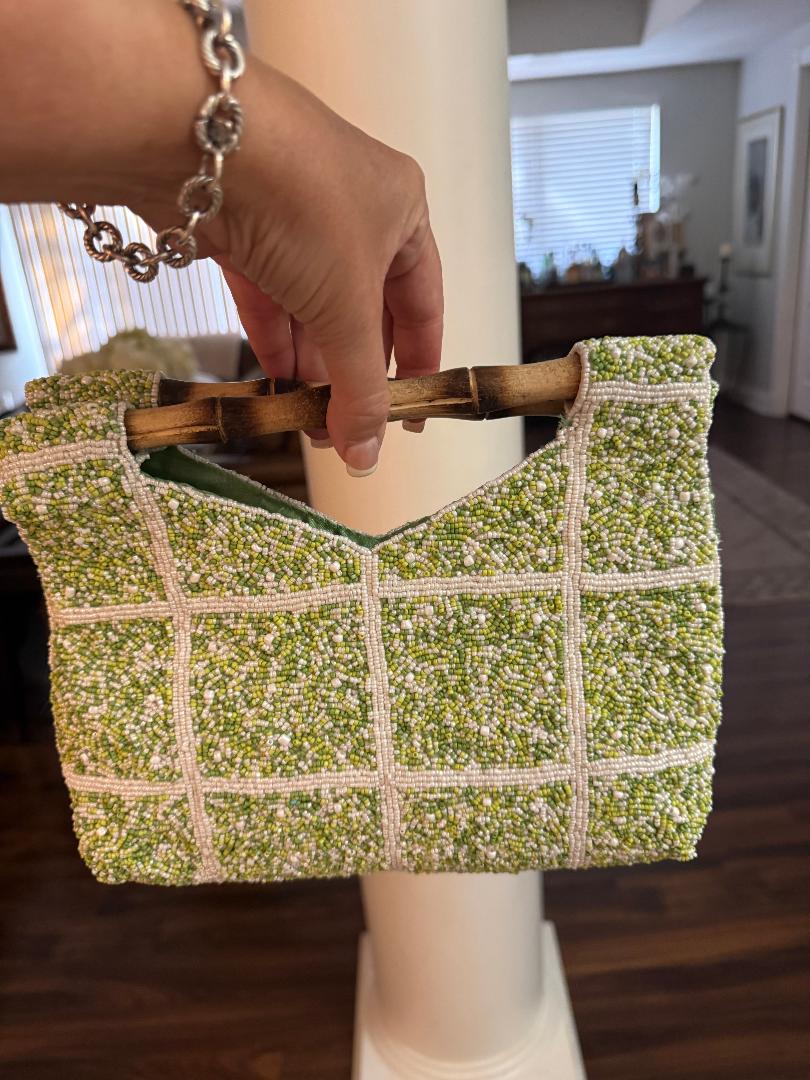 Trending Beaded Bags and Resort Collection - Beaded Tomato Tote Bag with Bamboo Handle