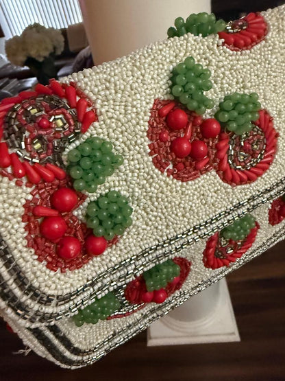 Trending Beaded Bags and Resort Collection - Tomato Red Plaid Beaded Shoulder Bag