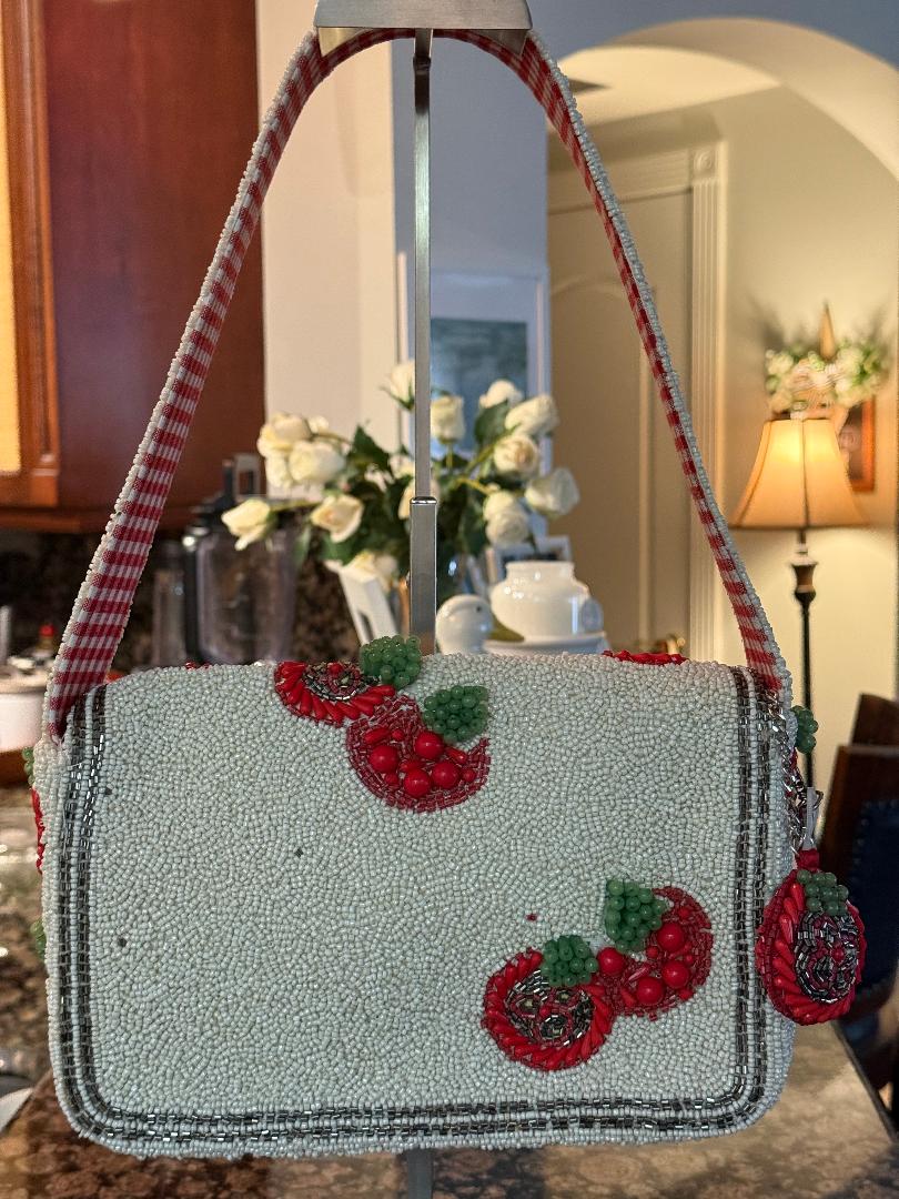 Trending Beaded Bags and Resort Collection - Tomato Red Plaid Beaded Shoulder Bag