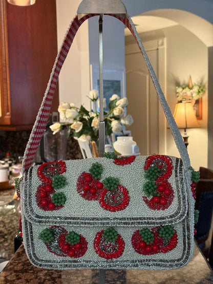 Trending Beaded Bags and Resort Collection - Tomato Red Plaid Beaded Shoulder Bag